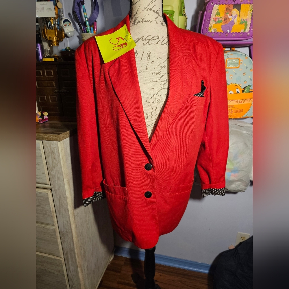 Chaus Womens Red Blazer Jacket Polka Dot Accents Size 12 With Shoulder Pads